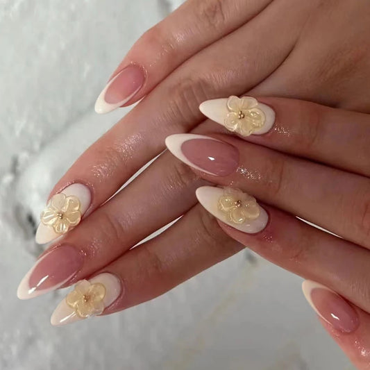 Press on Acrylic Nails Almond Full Cover Fake Nail with 3D Yellow Peach Floral False Nails with Glue Detachable Stick on Nails