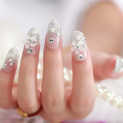 Press on Acrylic Nails Almond Full Cover Fake Nail with 3D Yellow Peach Floral False Nails with Glue Detachable Stick on Nails