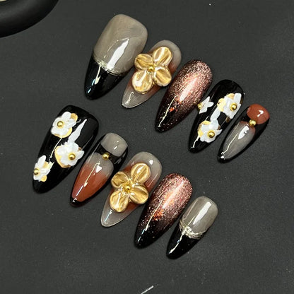 Handmade Press on Nails 3D Hand-carved Petals Decor False Nail Tips Reusable Wearable Retro European French Almond  Fake Nails