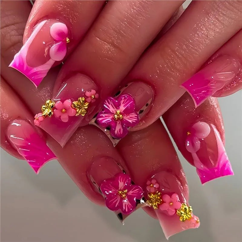 24pcs Blush Pink French Press On Nails Hand-painted White Flower Gold Ball Designs Fake Nail Short Square Korean False Nail Tips