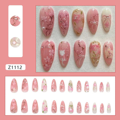 24 uñas postizas con estampado de flores, color vino tinto, rubor, almendra, reutilizables, para verano.