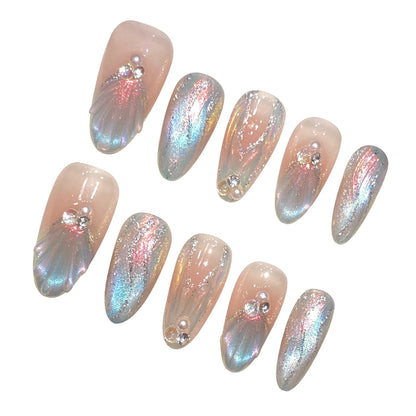Handmade Press on Nails Blue Aurora Mermaid Fake Nail Patches Wearable Detachable French Pearl Almond False Nail Tips 10pcs