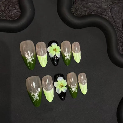 10pcs Handmade Blue Almond Press on Nails with Hand-carving Flowers Design Fake Nails Wearable Reusable Ins French False Nails
