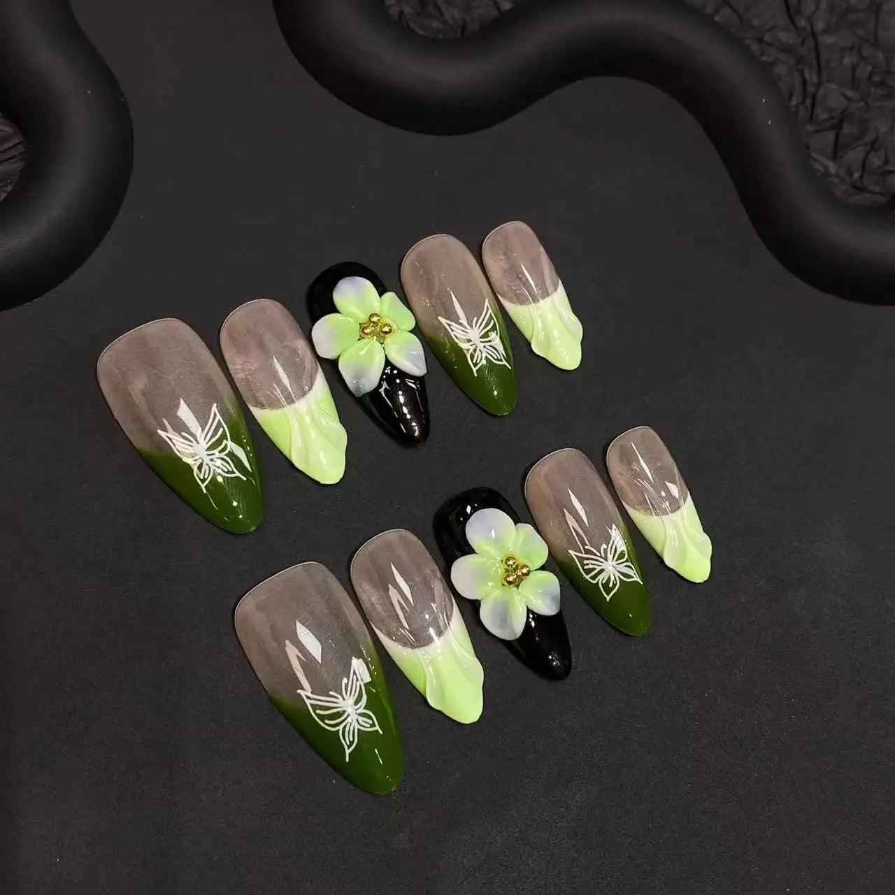 10pcs Handmade Blue Almond Press on Nails with Hand-carving Flowers Design Fake Nails Wearable Reusable Ins French False Nails