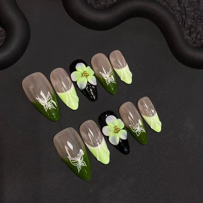 10pcs Handmade Blue Almond Press on Nails with Hand-carving Flowers Design Fake Nails Wearable Reusable Ins French False Nails