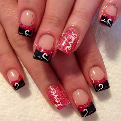 24pcs y2k Black French Press on Nails Short Square Pink Heart Fake Nails Full Cover Wearable Sweet Valentine's Day False Nails