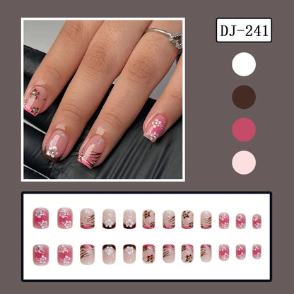 24pcs y2k Black French Press on Nails Short Square Pink Heart Fake Nails Full Cover Wearable Sweet Valentine's Day False Nails