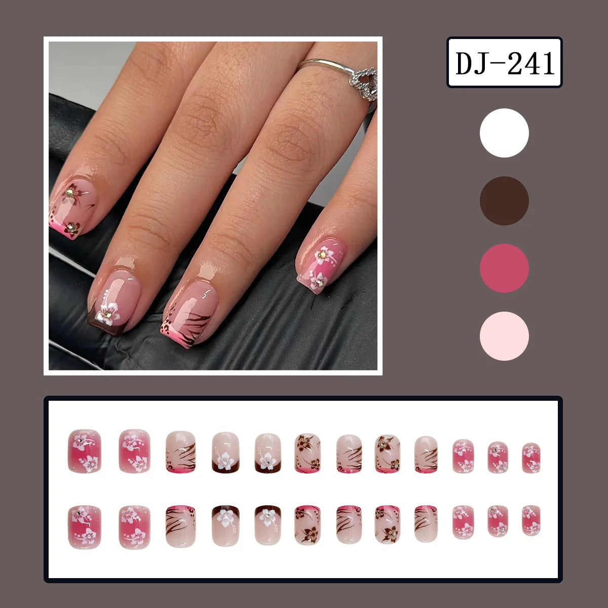 24pcs y2k Black French Press on Nails Short Square Pink Heart Fake Nails Full Cover Wearable Sweet Valentine's Day False Nails