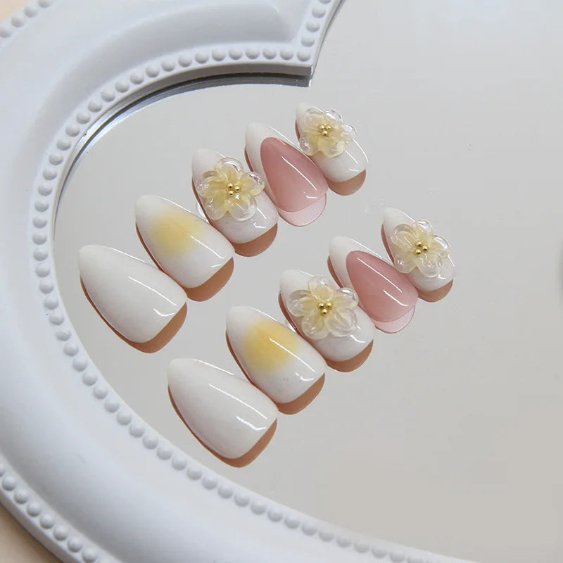 Press on Acrylic Nails Almond Full Cover Fake Nail with 3D Yellow Peach Floral False Nails with Glue Detachable Stick on Nails