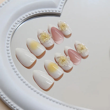 Press on Acrylic Nails Almond Full Cover Fake Nail with 3D Yellow Peach Floral False Nails with Glue Detachable Stick on Nails
