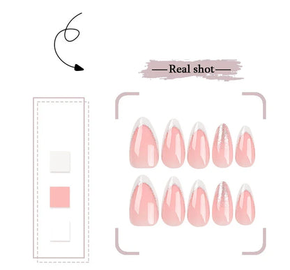 Elegant French Noble Gold Glitter Powder White Simple Almond Fake Nails Art False Nails Charm Tips Press on Nails Manicure Tools