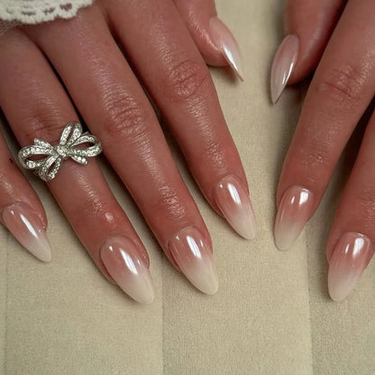 Elegant French Noble Gold Glitter Powder White Simple Almond Fake Nails Art False Nails Charm Tips Press on Nails Manicure Tools