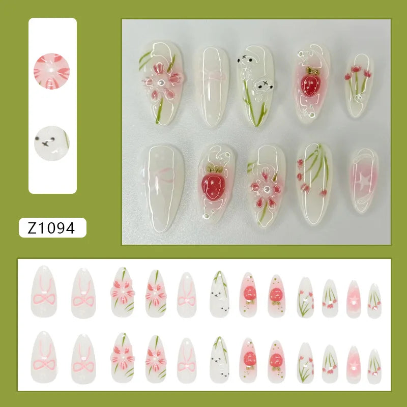 24pcs Blue Ocean Series False Nails Aurora Mermaid Shell Pearl Design Fake Nails Fairy Sweet Style French Almond Press on Nails