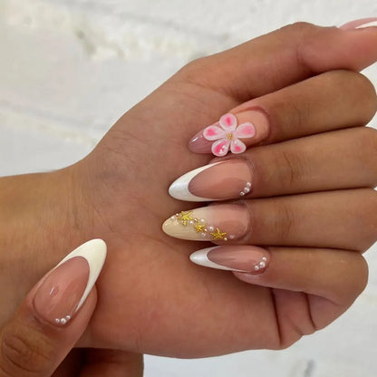 Press on Acrylic Nails Almond Full Cover Fake Nail with 3D Yellow Peach Floral False Nails with Glue Detachable Stick on Nails