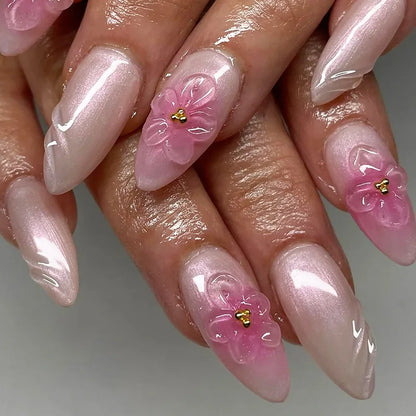 24pcs Blue Ocean Series False Nails Aurora Mermaid Shell Pearl Design Fake Nails Fairy Sweet Style French Almond Press on Nails