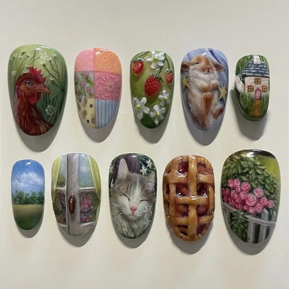 24 uñas postizas con estampado de flores, color vino tinto, rubor, almendra, reutilizables, para verano.