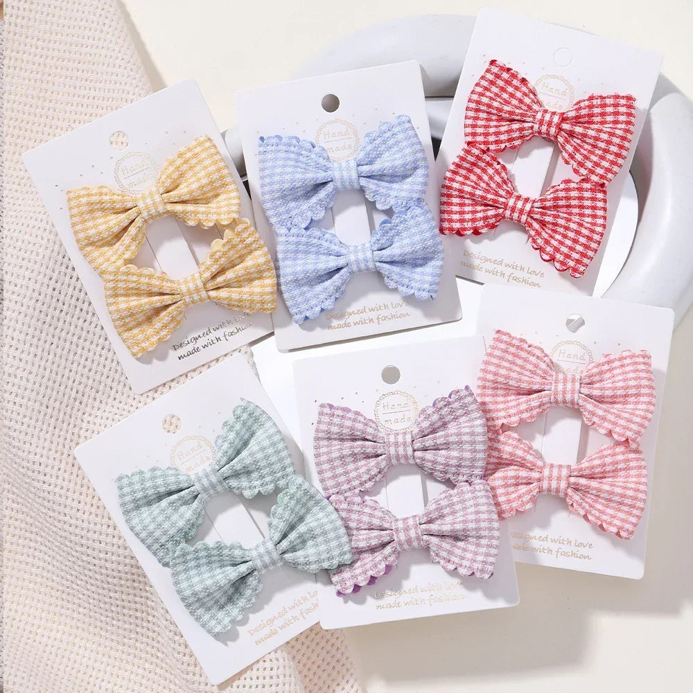 2Pcs/Set Solid Color Kids Bows Hair Clips for Baby Girls Handmade Plaid Bowknot Hairpin Barrettes Photograph Hair Accessories