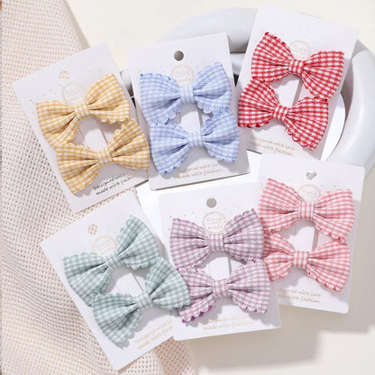 2Pcs/Set Solid Color Kids Bows Hair Clips for Baby Girls Handmade Plaid Bowknot Hairpin Barrettes Photograph Hair Accessories