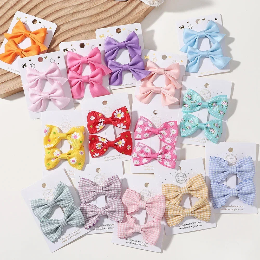 2Pcs/Set Solid Color Kids Bows Hair Clips for Baby Girls Handmade Plaid Bowknot Hairpin Barrettes Photograph Hair Accessories
