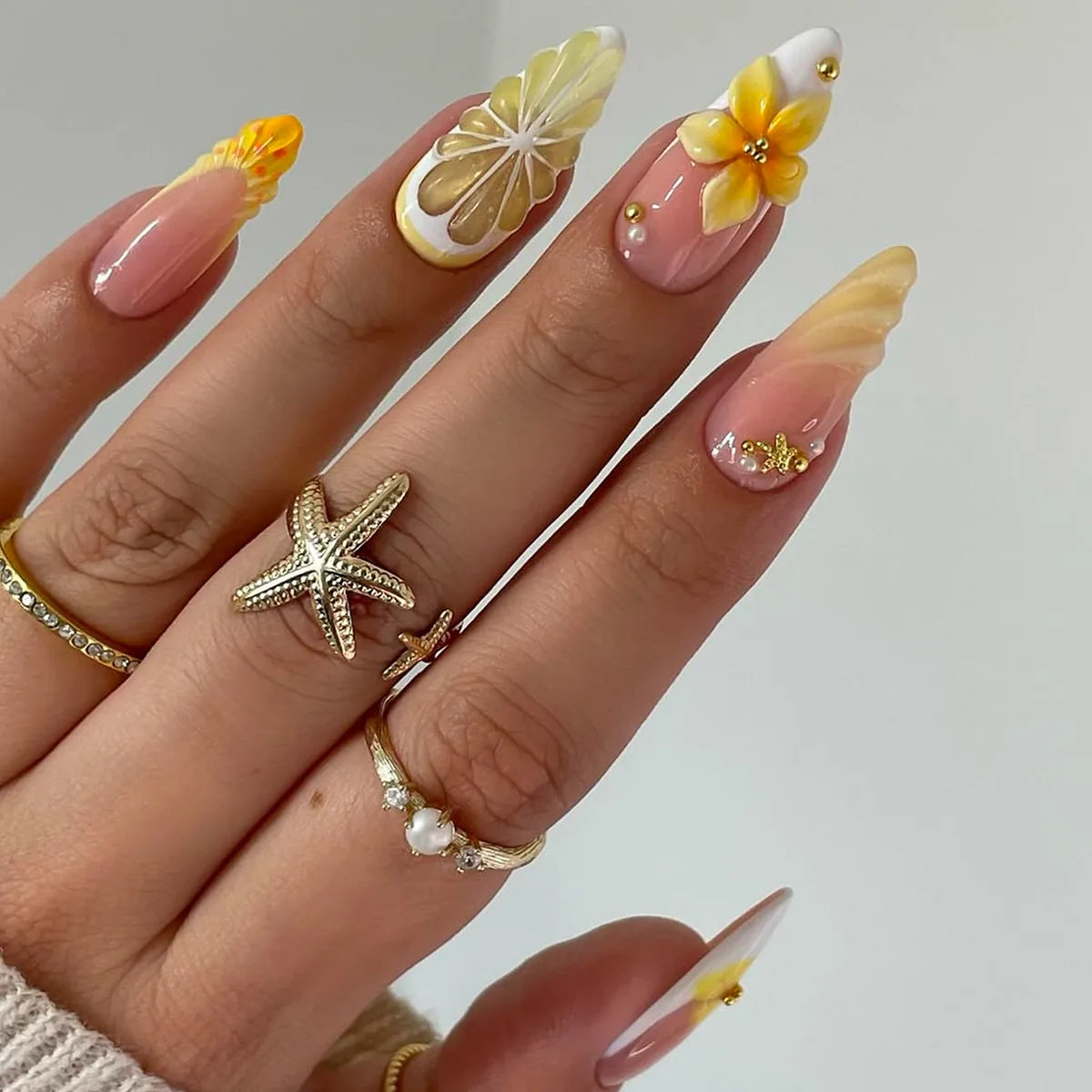 Press on Acrylic Nails Almond Full Cover Fake Nail with 3D Yellow Peach Floral False Nails with Glue Detachable Stick on Nails