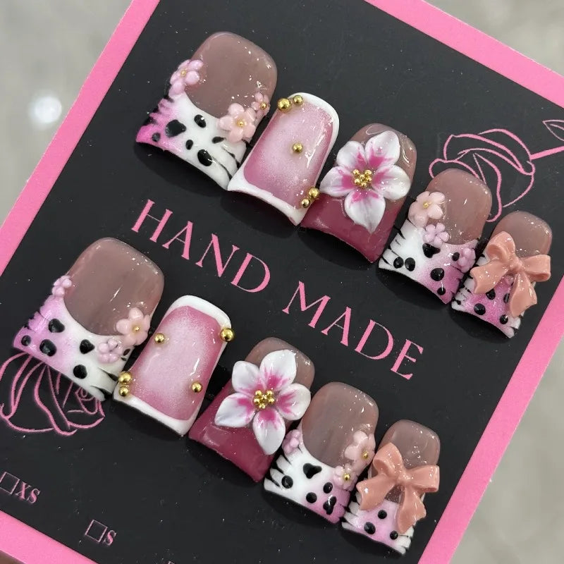10Pcs Short Duck Handmade Nails 3D Purple Flowers Acrylic Press on Nail Diamond Pearl Leopard Print Design French False NailTips