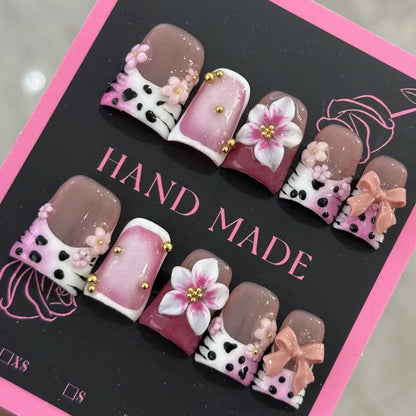 10Pcs Short Duck Handmade Nails 3D Purple Flowers Acrylic Press on Nail Diamond Pearl Leopard Print Design French False NailTips