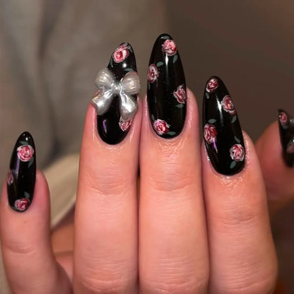 Press on Acrylic Nails Almond Full Cover Fake Nail with 3D Yellow Peach Floral False Nails with Glue Detachable Stick on Nails