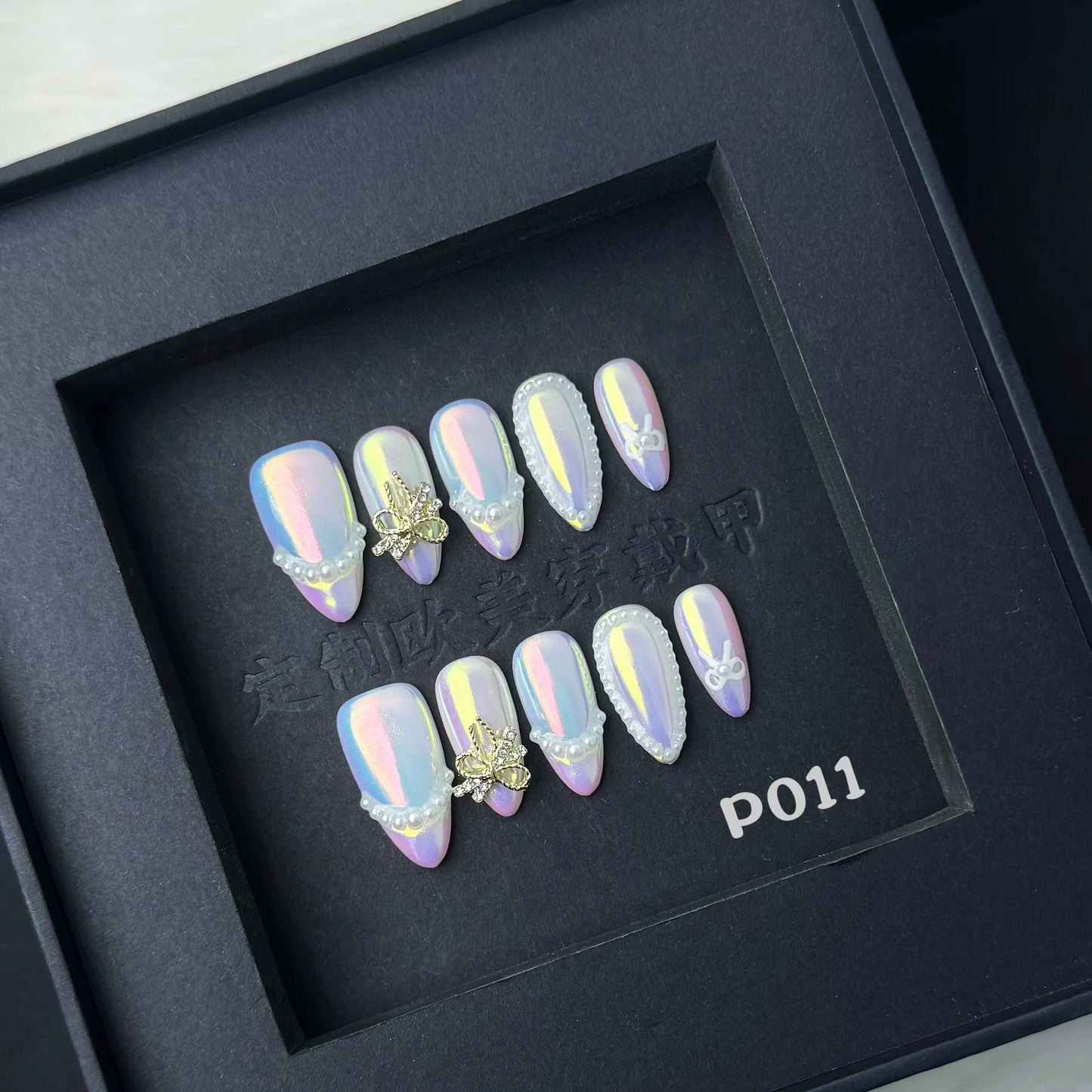 10pcs Handmade French Press on Nails White Edge Design Almond Fake Nails Reusable Wearable 3D Ice Clear Flower False Nails