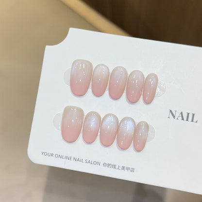 10Pcs Cat Eye French Short Almond Handmade Fake Nails with Diamond Decoration Design Nail Art Simple Fashion Press on False Nail