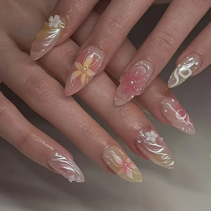 Press on Acrylic Nails Almond Full Cover Fake Nail with 3D Yellow Peach Floral False Nails with Glue Detachable Stick on Nails