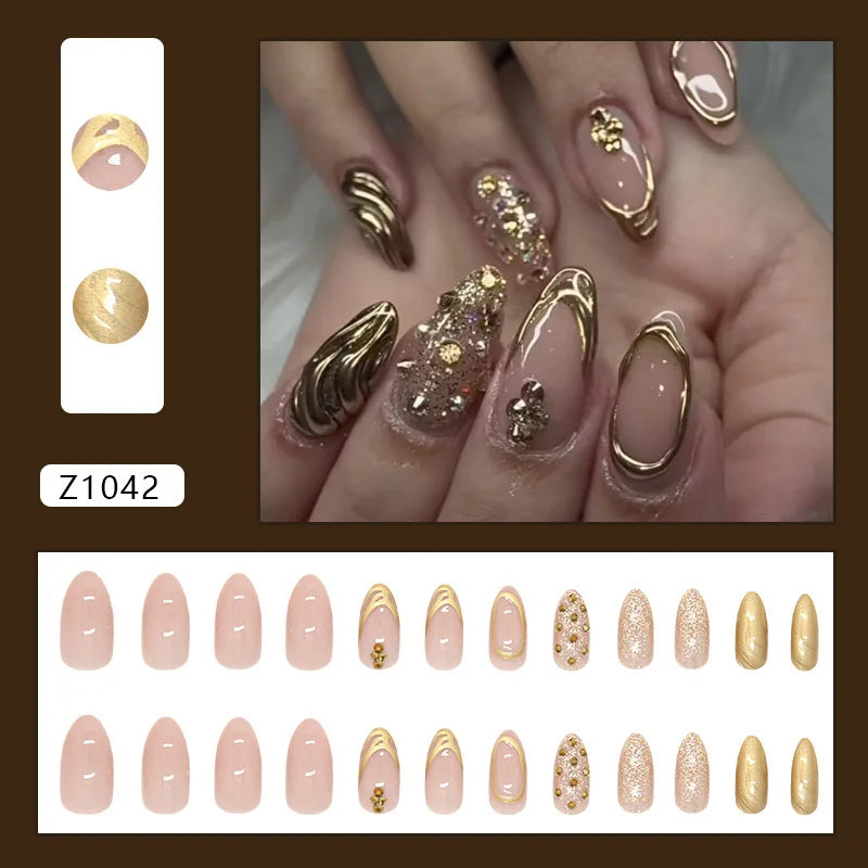 24pcs Blue Ocean Series False Nails Aurora Mermaid Shell Pearl Design Fake Nails Fairy Sweet Style French Almond Press on Nails