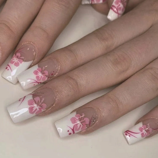 Mid-length Coffin Fake Nails 24Pcs White French Tip Ballerina Press On Nail Pink/White Flower Printed Spring/Summer DIY Manicure