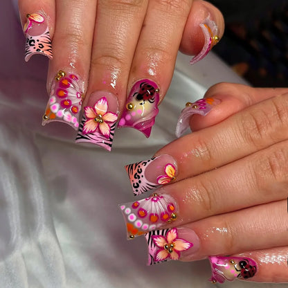 24pcs Blush Pink French Press On Nails Hand-painted White Flower Gold Ball Designs Fake Nail Short Square Korean False Nail Tips