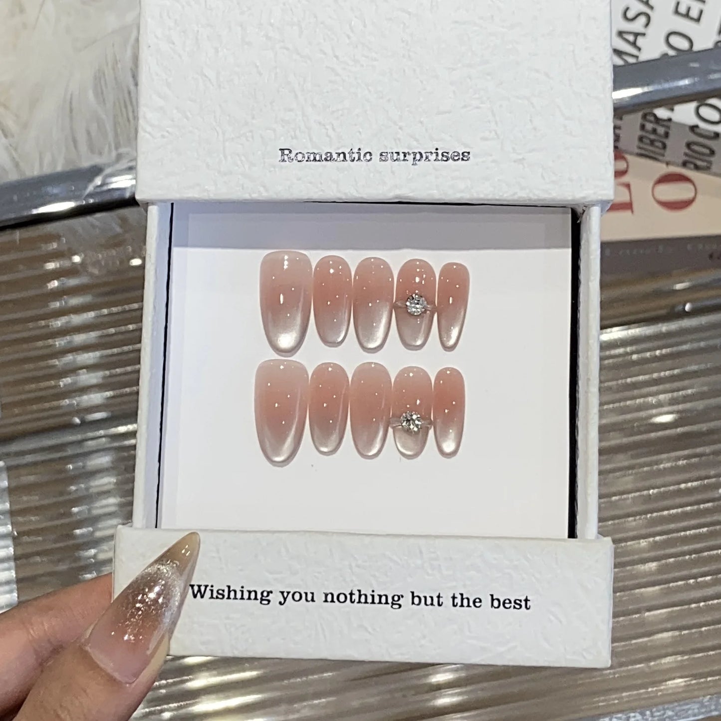 10Pcs Cat Eye French Short Almond Handmade Fake Nails with Diamond Decoration Design Nail Art Simple Fashion Press on False Nail