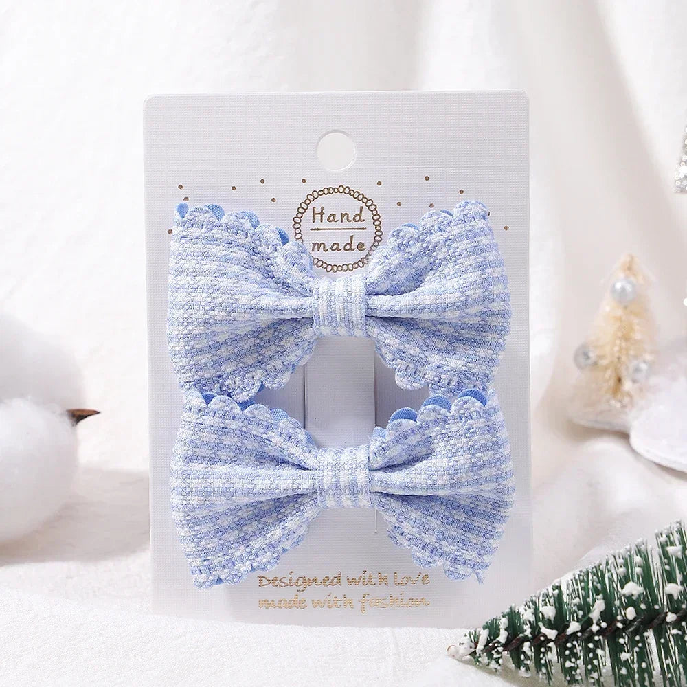 2Pcs/Set Solid Color Kids Bows Hair Clips for Baby Girls Handmade Plaid Bowknot Hairpin Barrettes Photograph Hair Accessories