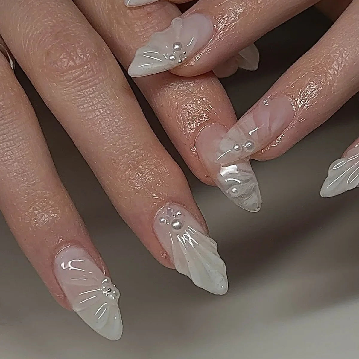 Press on Acrylic Nails Almond Full Cover Fake Nail with 3D Yellow Peach Floral False Nails with Glue Detachable Stick on Nails