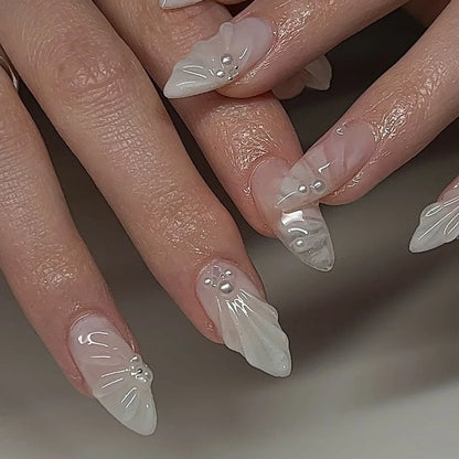 Press on Acrylic Nails Almond Full Cover Fake Nail with 3D Yellow Peach Floral False Nails with Glue Detachable Stick on Nails