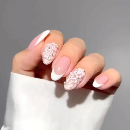 Press on Acrylic Nails Almond Full Cover Fake Nail with 3D Yellow Peach Floral False Nails with Glue Detachable Stick on Nails