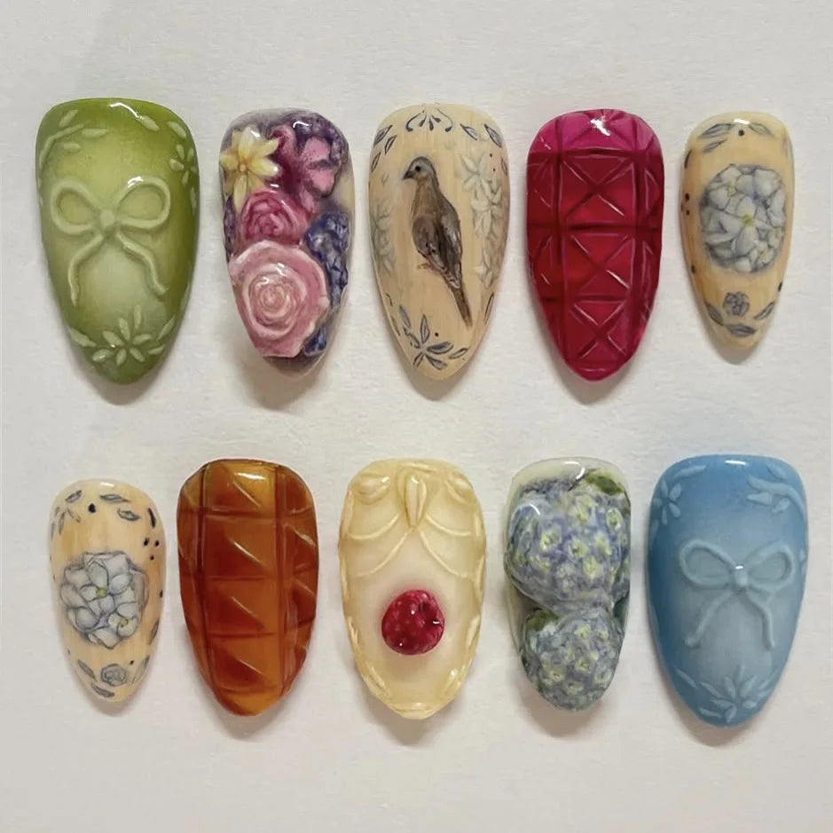 24 uñas postizas con estampado de flores, color vino tinto, rubor, almendra, reutilizables, para verano.