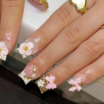 24pcs Blush Pink French Press On Nails Hand-painted White Flower Gold Ball Designs Fake Nail Short Square Korean False Nail Tips