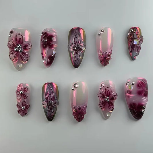 24 uñas postizas con estampado de flores, color vino tinto, rubor, almendra, reutilizables, para verano.