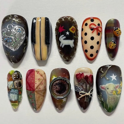 24 uñas postizas con estampado de flores, color vino tinto, rubor, almendra, reutilizables, para verano.