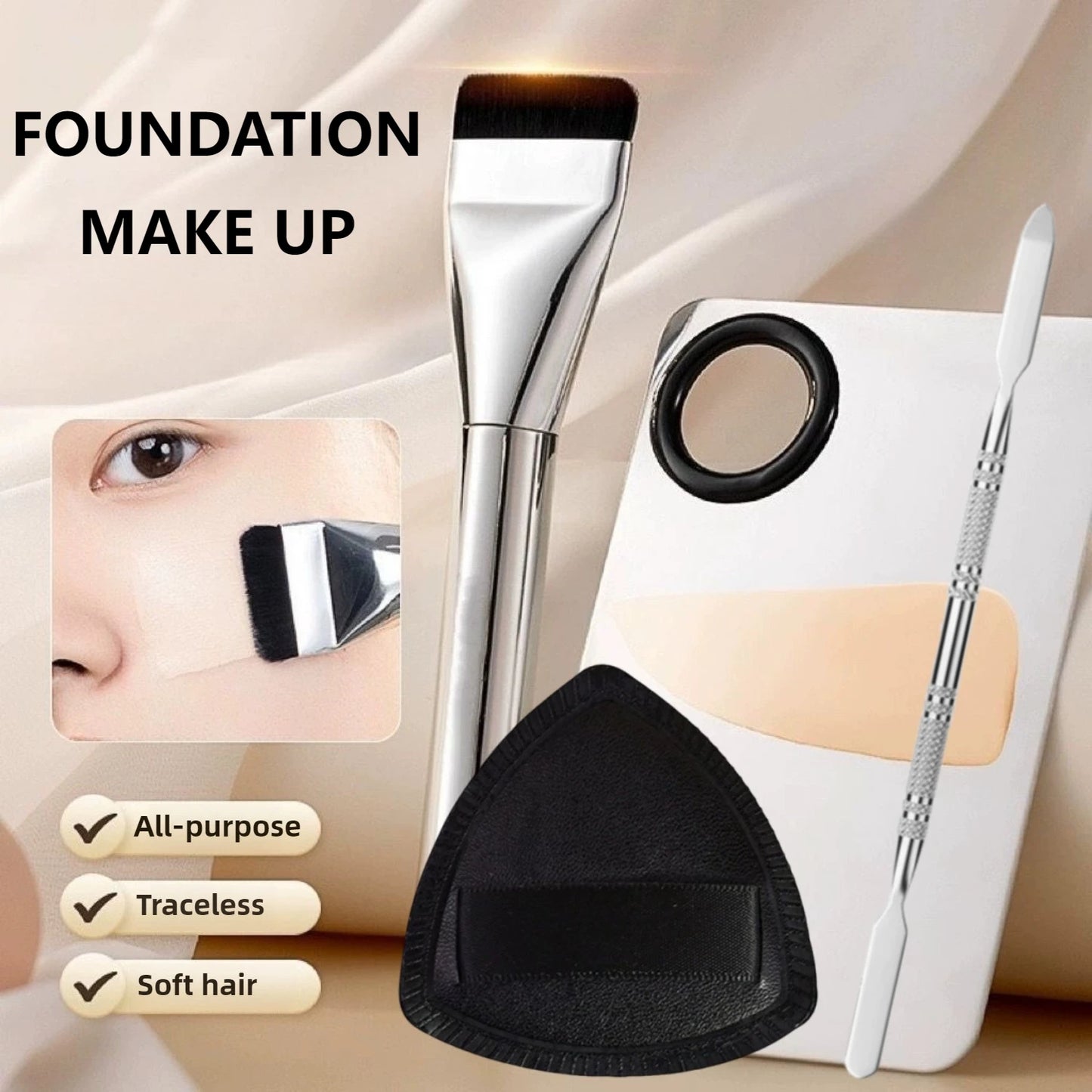 Ultra Thin Foundation Brush Makeup Mixing Palette with Spatula Flat Face Contour Brush Cosmetic Puff Blender Beauty Makeup Tools