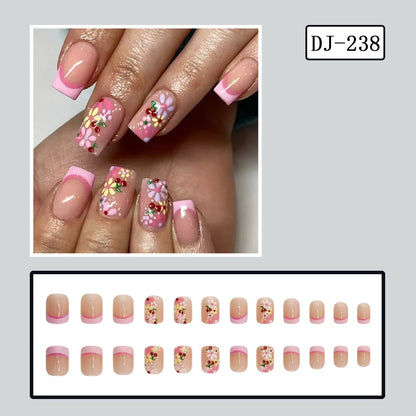 24pcs y2k Black French Press on Nails Short Square Pink Heart Fake Nails Full Cover Wearable Sweet Valentine's Day False Nails