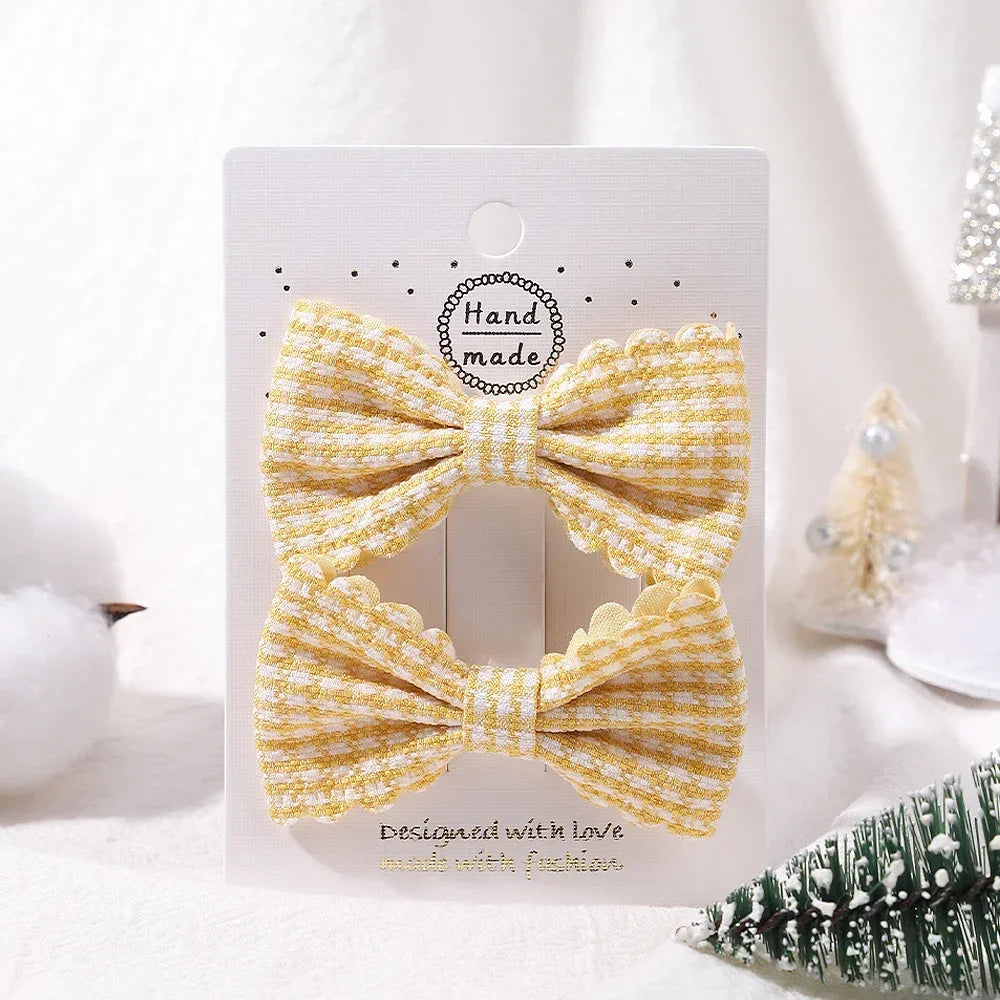 2Pcs/Set Solid Color Kids Bows Hair Clips for Baby Girls Handmade Plaid Bowknot Hairpin Barrettes Photograph Hair Accessories