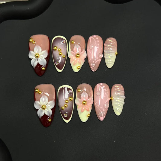Handmade Press on Nails 3D Hand-carved Petals Decor False Nail Tips Reusable Wearable Retro European French Almond  Fake Nails