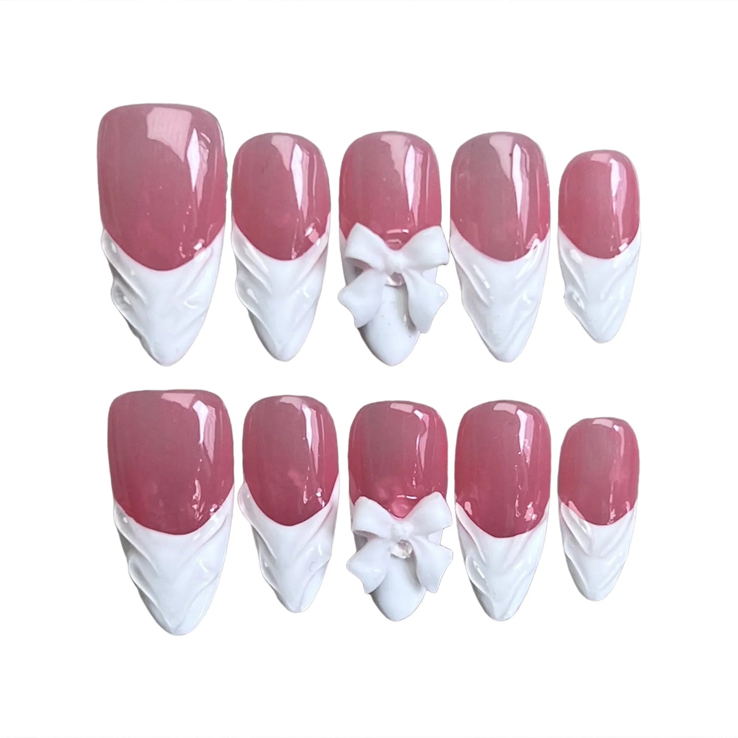 10pcs White French Handmade False Nails 3D Bowknots Designs Press On Nails Rose Pink Detachable Almond Fake Nail Patches