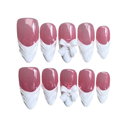 10pcs White French Handmade False Nails 3D Bowknots Designs Press On Nails Rose Pink Detachable Almond Fake Nail Patches