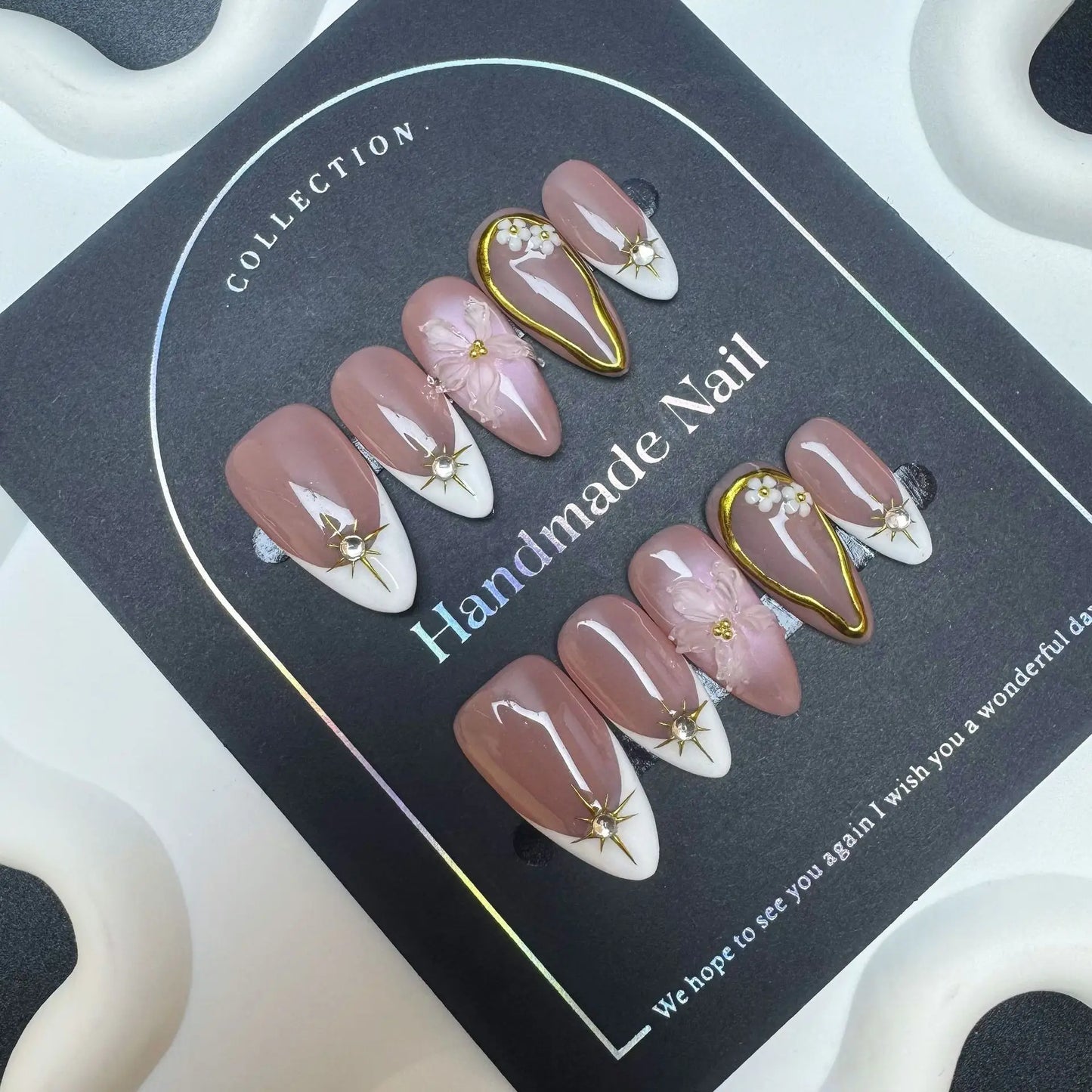 10pcs Handmade French Press on Nails White Edge Design Almond Fake Nails Reusable Wearable 3D Ice Clear Flower False Nails