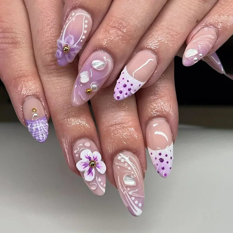 Press on Acrylic Nails Almond Full Cover Fake Nail with 3D Yellow Peach Floral False Nails with Glue Detachable Stick on Nails